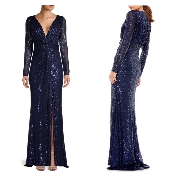 Mac Duggal Dresses & Skirts - NWOT Mac Duggal V neck Long Sleeves Sequined Midnight Navy Evening Gown Sz 8